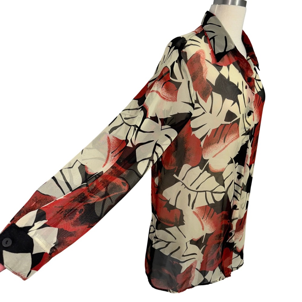 Bedford Fair Sheer Leaf Print Button Blouse Red Cream Black Long Sleeve L‎